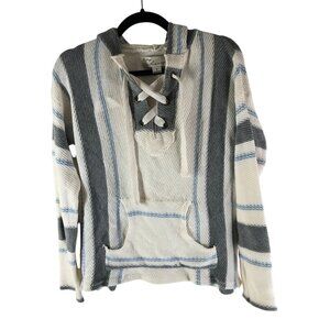 Vintage Havana Womens Sweater Hoodie Cotton Blend Lace Up Striped White Gray M